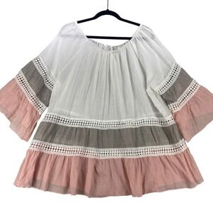 Kaktus Womens XXL White Pink Bell Sleeve Crochet Trim Tunic Top Boho Festival